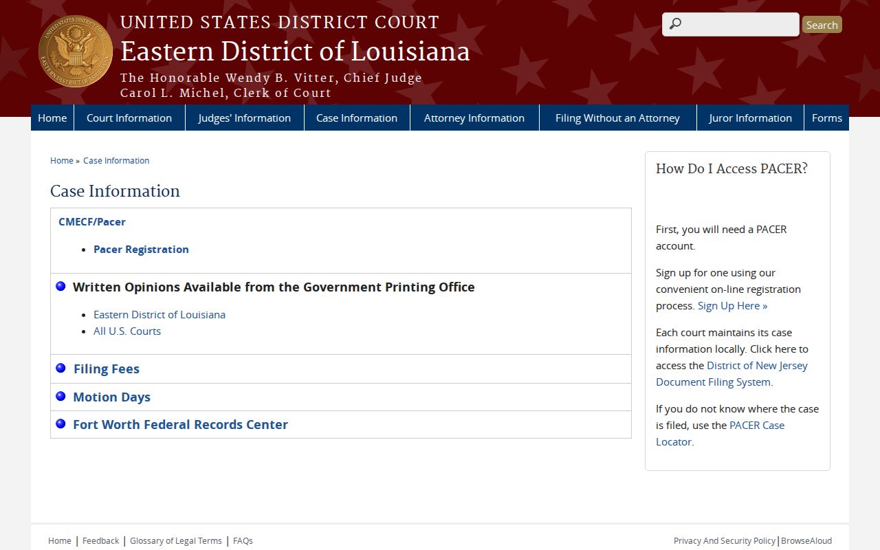 Jefferson Parish case search federal PACER and CM ECF information