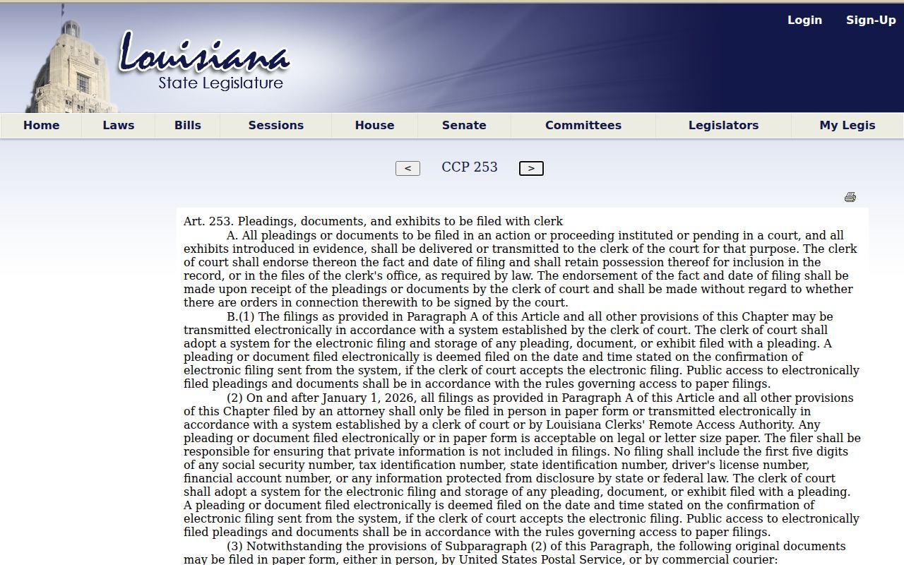 Jefferson Parish civil docket Article 253 electronic filing and public access text