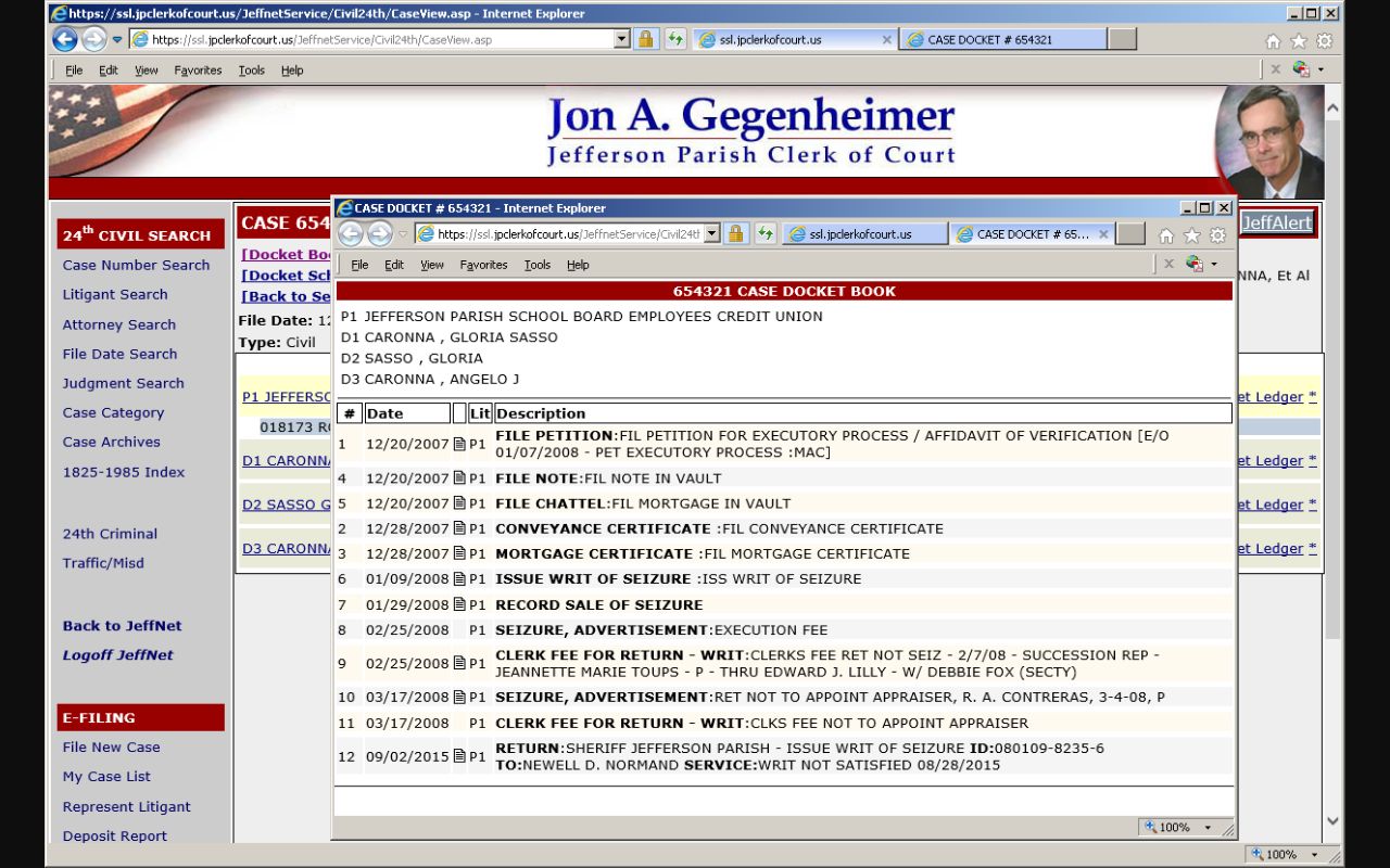 Jefferson Parish civil docket date, division, and result fields