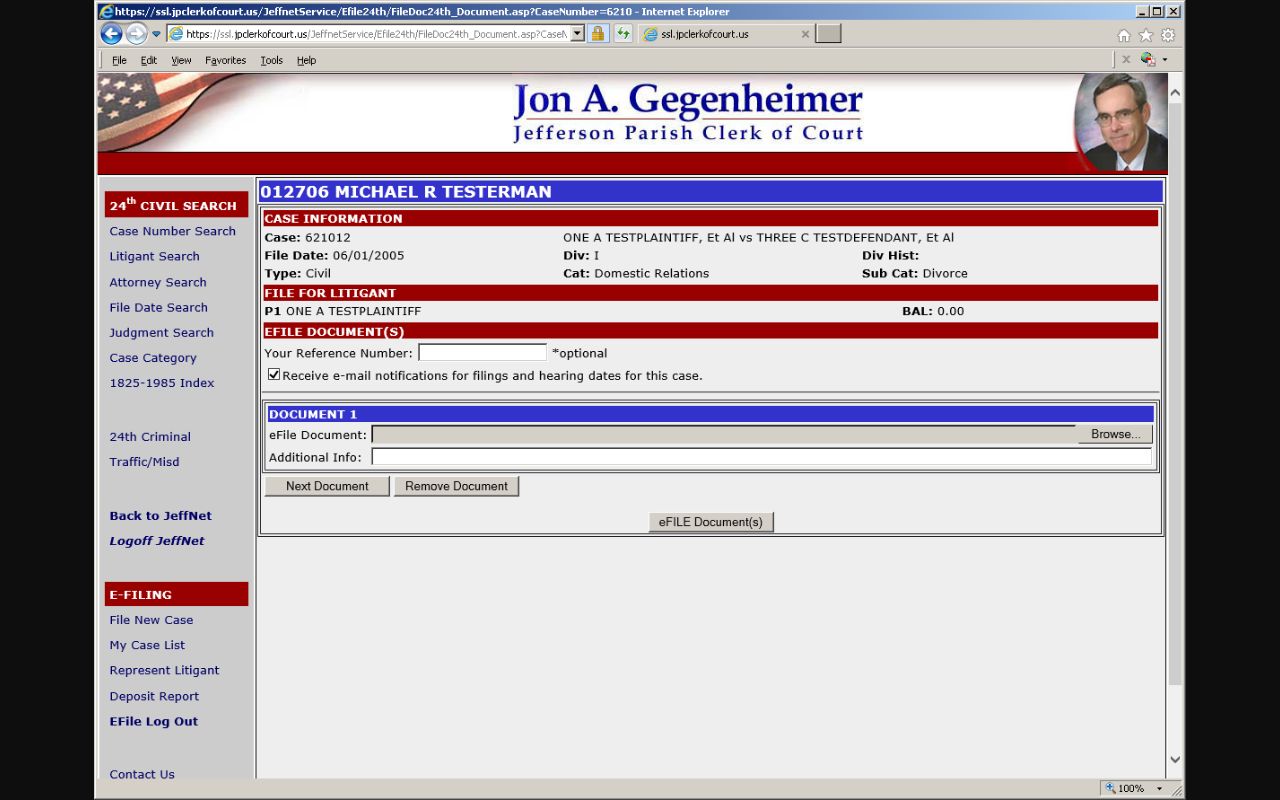 Jefferson Parish civil docket e-filing screen