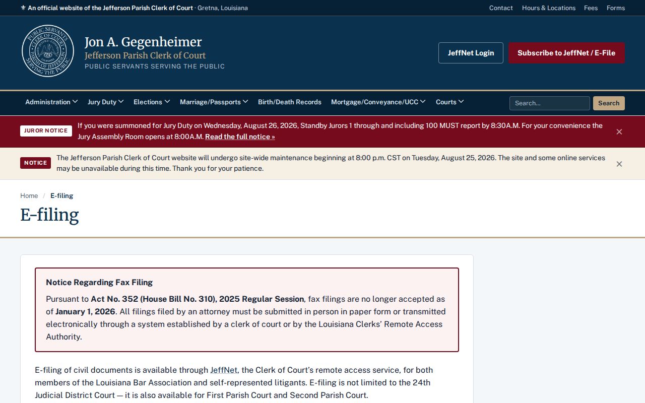 Jefferson Parish civil docket e-filing eligibility and PDF submission steps