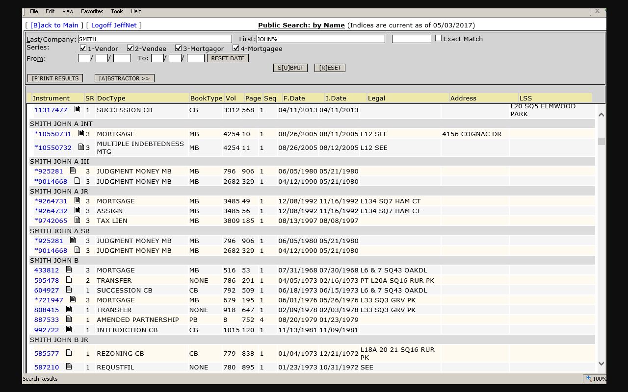Jefferson Parish civil docket document search interface
