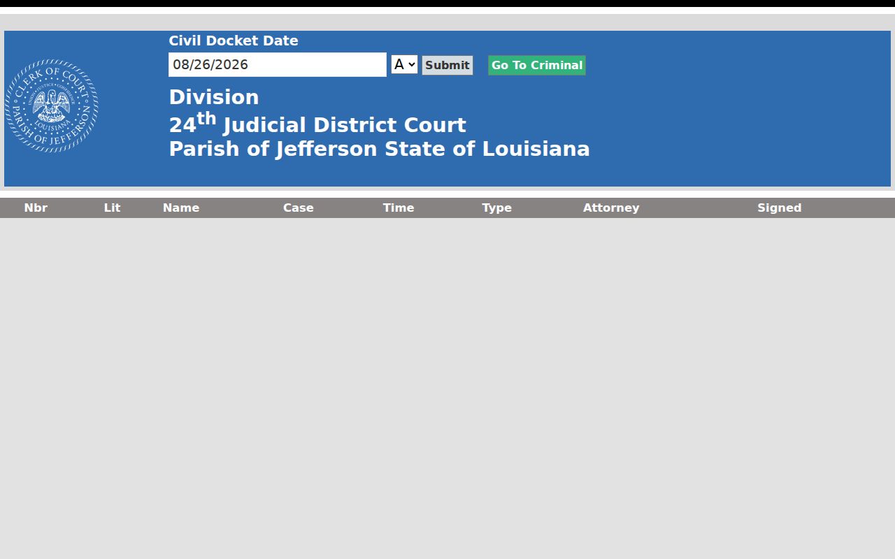 Jefferson Parish court calendar Civil Docket Date and division search fields