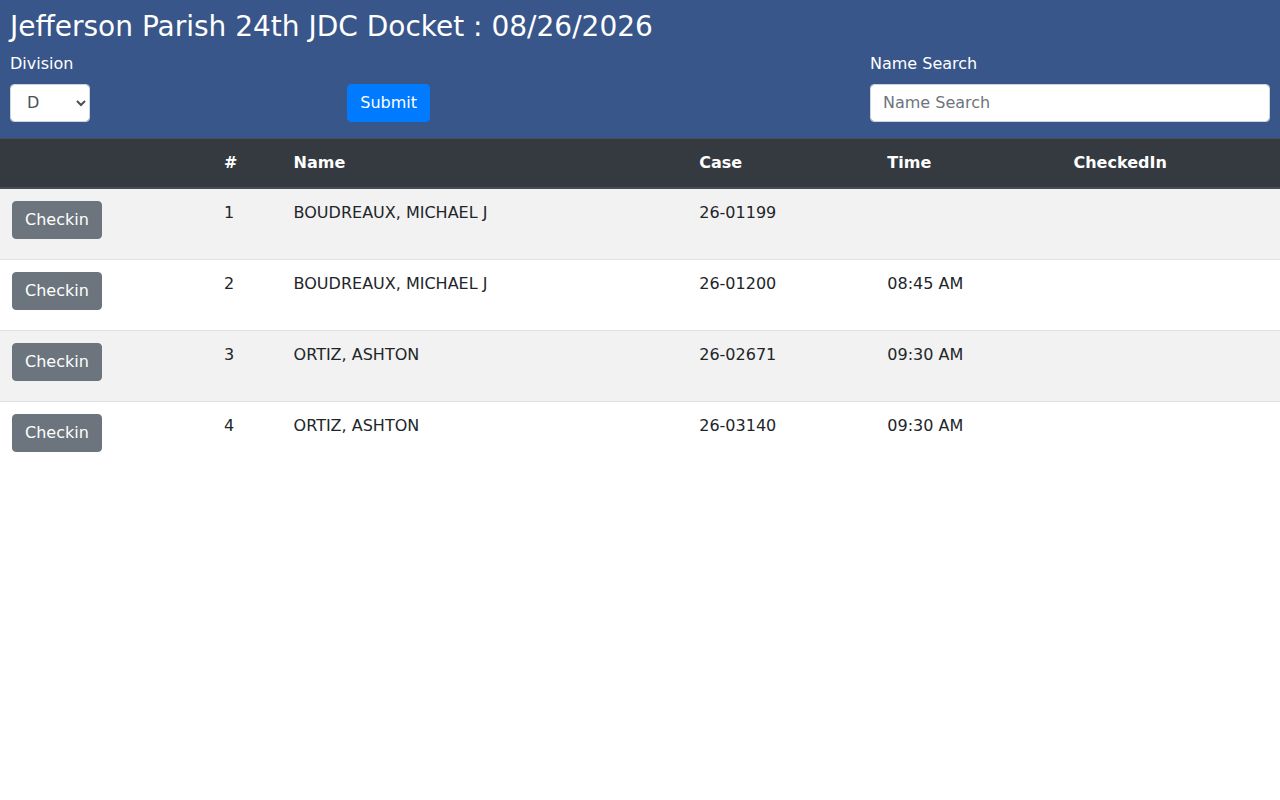 Jefferson Parish court calendar remote docket check-in division and name search fields