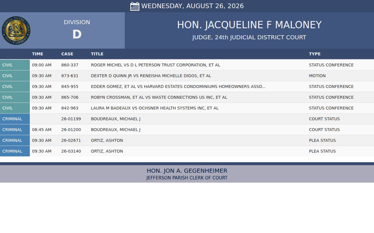 Jefferson Parish court calendar Division Kiosk time case title and type columns