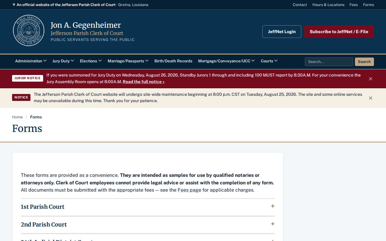 Jefferson Parish court records forms categories for civil and expungement matters
