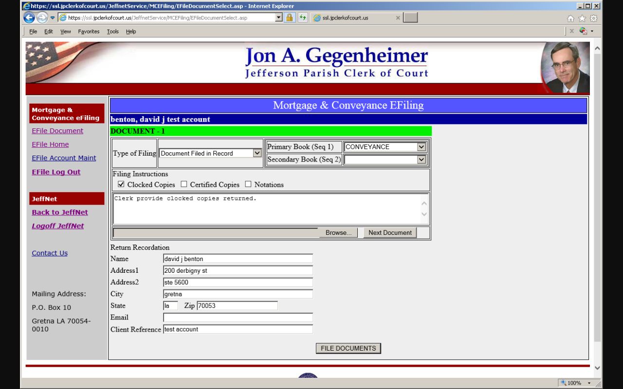 Jefferson Parish court records electronic recording interface