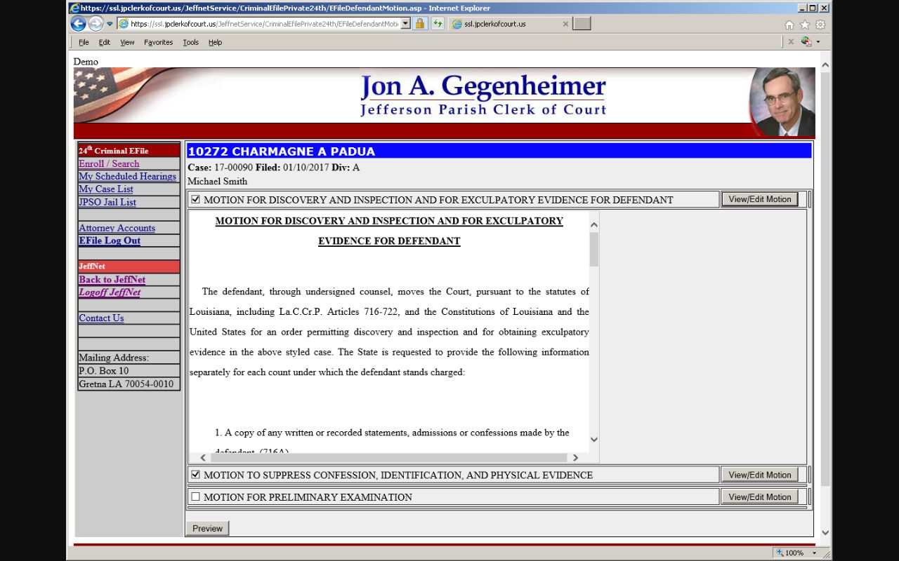 Jefferson Parish criminal docket e-filing screen