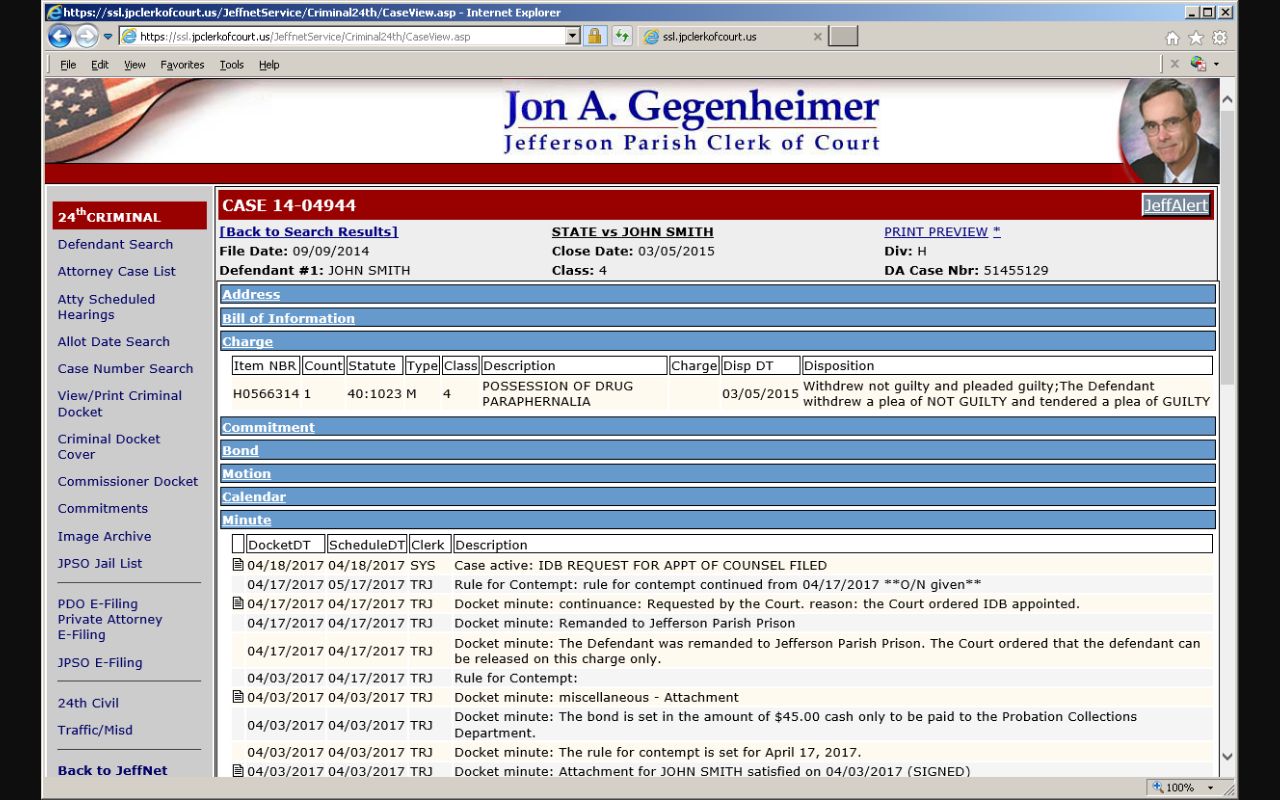 Jefferson Parish criminal docket case interface