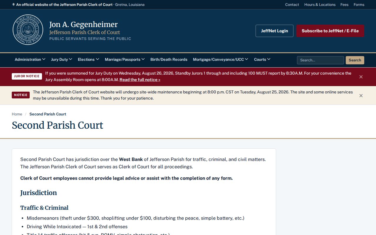 Second Parish Court jurisdiction examples for Jean Lafitte court-docket routing