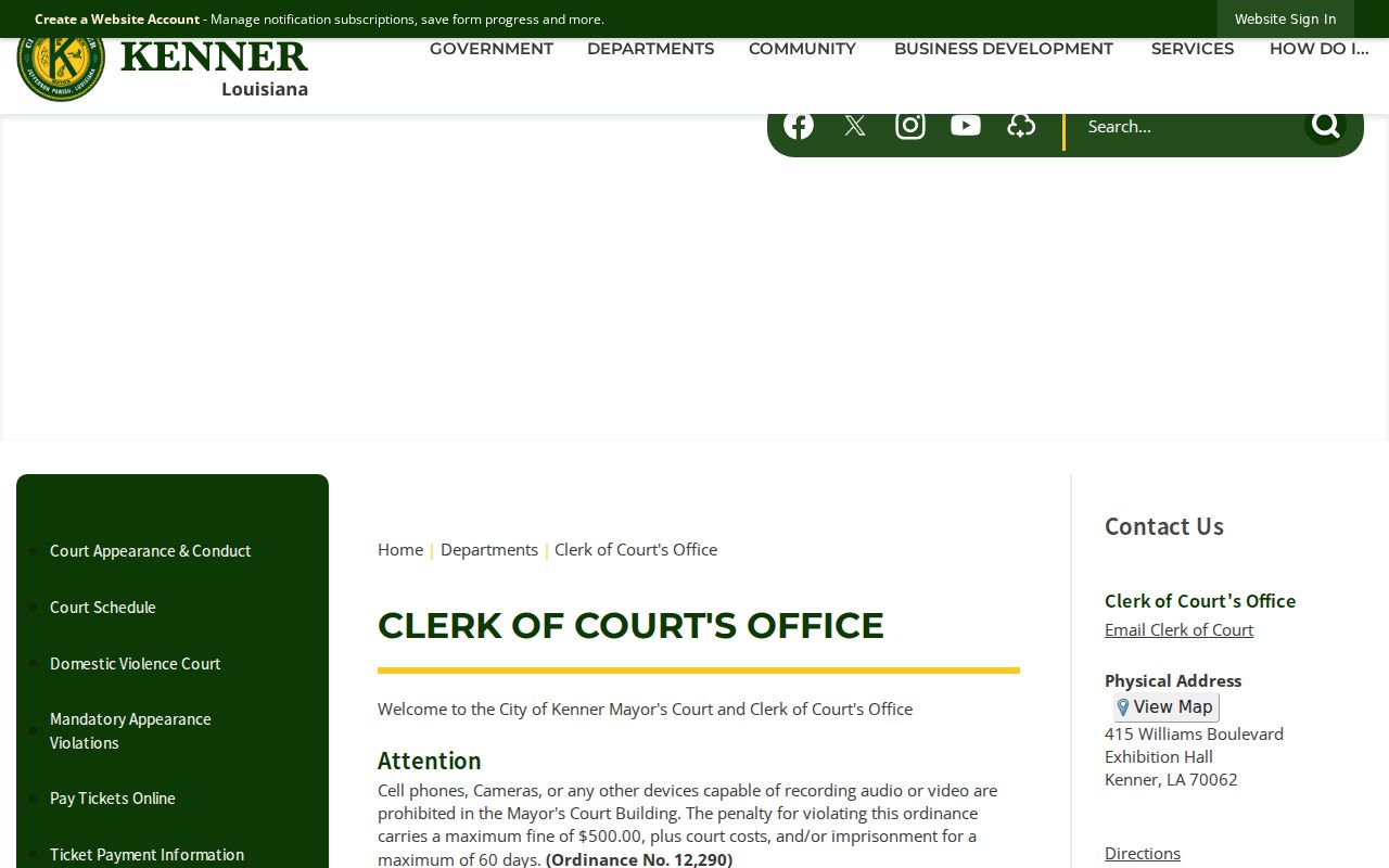Kenner court docket mandatory appearance list at the Kenner Clerk of Courts Office