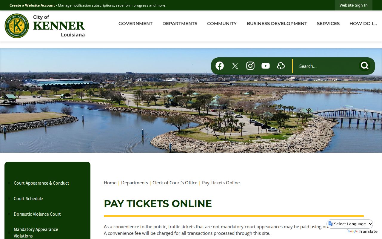 Kenner court docket online ticket payment route shown by the City of Kenner
