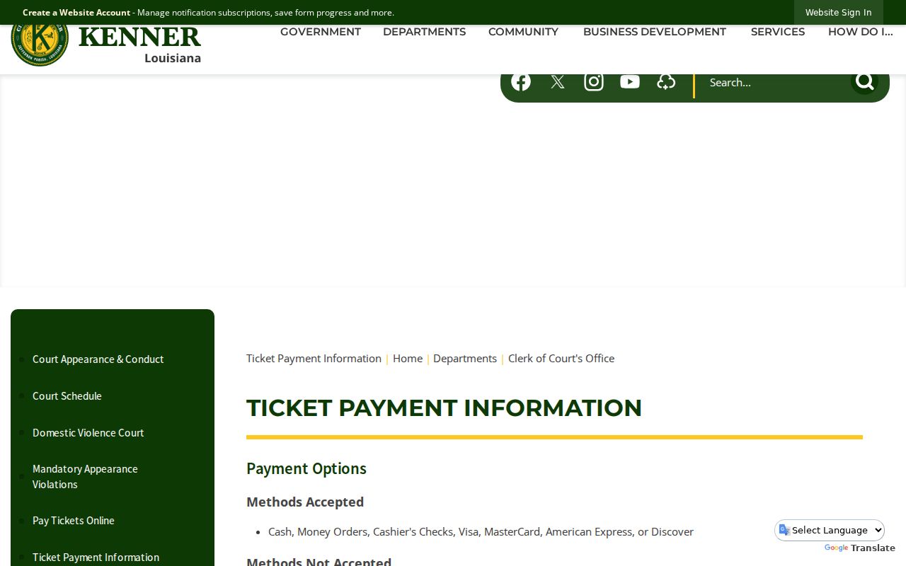 Kenner court docket ticket payment information and court appearance alternatives